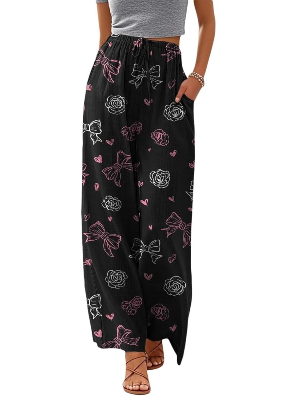 〽️Women Wide Leg Pants Black Polyester Drawstring Summer comfortable Drawstring